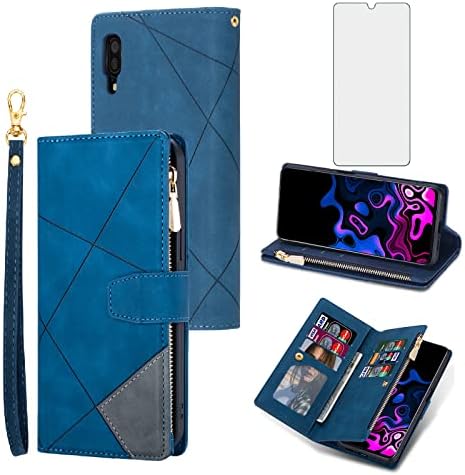 מארז טלפון לכיסוי ארנק של סמסונג גלקסי A10 עם מגן מסך זכוכית מחוסמת ומחזיק כרטיסי אשראי רוכסן עור רצועת כף היד.