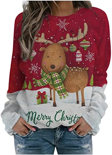 סווטשירט לחג המולד נשים, צמרות חג מולד עליזות ומוארות חולצת סוודר חמודה חולצות צווארון צווארון חולצות