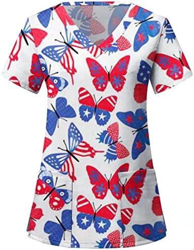 4 ביולי חולצות לנשים דגל ארה ב קיץ שרוול קצר חולצת טריקו עם 2 כיסים חולצה למעלה בגדי עבודה מזדמנים לחג