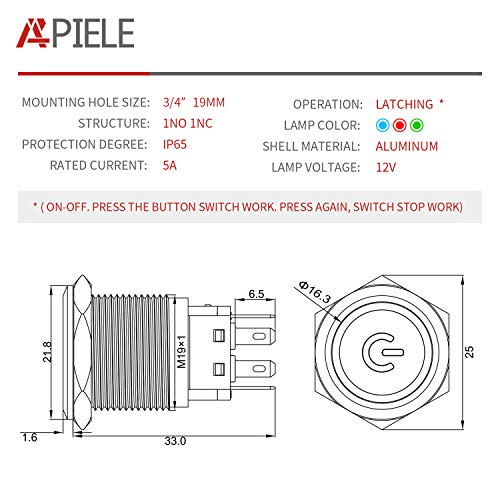 APIELE 19 ממ תפס כפתור כפתור מתג 3/4 12V DC Shell Shell Symber LED LED עם תקע שקע 1NO1NC SPDT ON/כיבוי