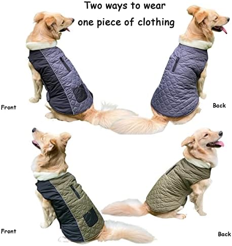 ז'קט הפיך של כלבים, מעיל חם עם רצועות מתכווננות אטומות למים רוכסן רוכסן, בגדים לכלבים בינוניים וגדולים, אפור,