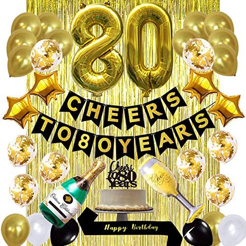 ערכת קישוטים ליום הולדת 80 זהב, לחיים עד 80 שנה בלוני באנר, אבנט יום הולדת של עוגה 80, וילונות שוליים