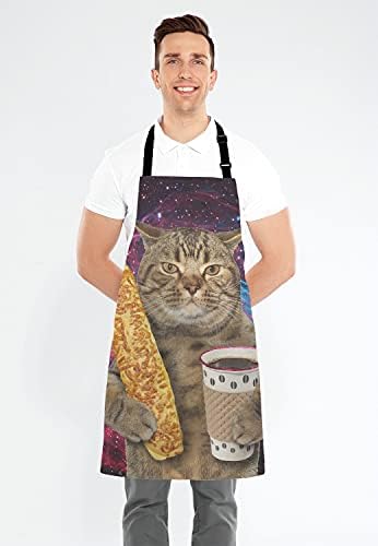 לבולן מצחיק גלקסי חתול מתכוונן סינר סינר, החתול מחזיק כוס קפה שחור ובגט בישול מטבח סינר לגברים נשים