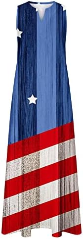 HCJKDU שמלות 4 ביולי לנשים יום העצמאות רופף V צוואר שמלת מקסי ללא שרוולים שמלת אמריקה דגל אמריקה עם כיס