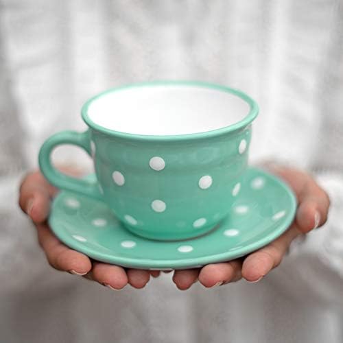 קוטג 'לקוטג' בעבודת יד צהבה כחול לבן פולקה נקודה קרמיקה גדולה 12oz/350 מל כוס תה קפה קפה קפה וצלוחית,