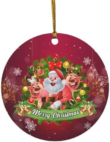 סנטה ואיילים קרמיקה עגול קישוטים, קישוטי חג המולד עם שמח סנטה קלאוס וחמוד איילי כוכב עץ כדור על אדום נושא מודפס