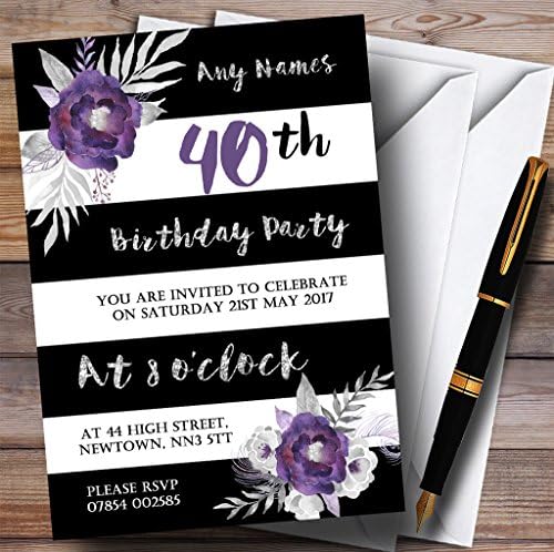 פרח סגול של כסף לבן שחור הזמנות למסיבת יום הולדת בהתאמה אישית 40
