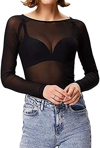 ראו דרך צמרות לנשים שרוולים ארוכים של נשים רשת Sheer Top Top Slim Fit Sexy Sexy חולצות חולצות חולצות