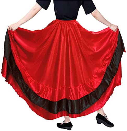 נשים שכבות אדומות שחורות סאטן חצאית ארוכה לפלמנקו ספרדית ריקוד בטן צוענית מקסיקו בלט פולקלוריקו תלבושת