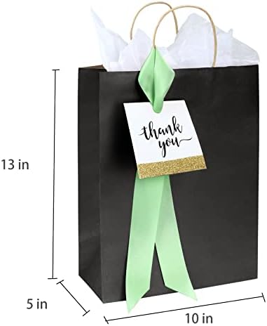 לסומו 12 מארז שקיות מתנה תודה עם סרטים ירוקים בהירים וכרטיסי תודה, 10 על 5 על 13 שקיות מתנה שחורות