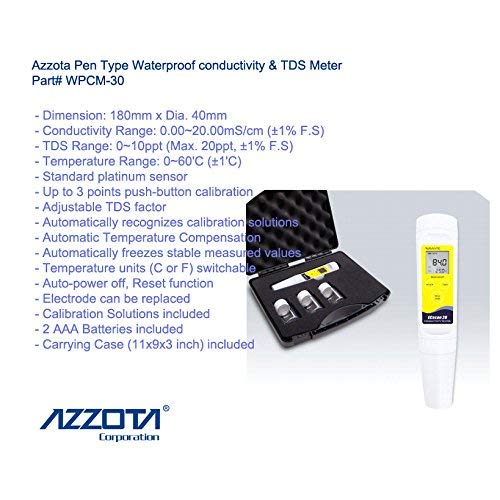 Azzota WPCM-30 מסוג עט מוליכות אטומה למים ומטר TDS, 0.00 ~ 20.00ms/cm, טווח TDS: 0 ~ 10ppt