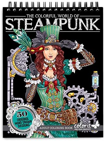 צביעה עולם צבעוני של ספר צביעה למבוגרים של Steampunk-50 עיצובים חד צדדיים, נייר חלק עבה, מכסים מכסים קשיחים שטוחים,