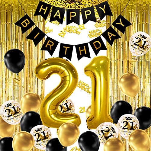 Moveinpe 21 gold זהב שחור קישוט מסיבת יום הולדת, באנר ליום הולדת שמח, ג'מבו מספר 21 בלון נייר כסף, 2 וילון