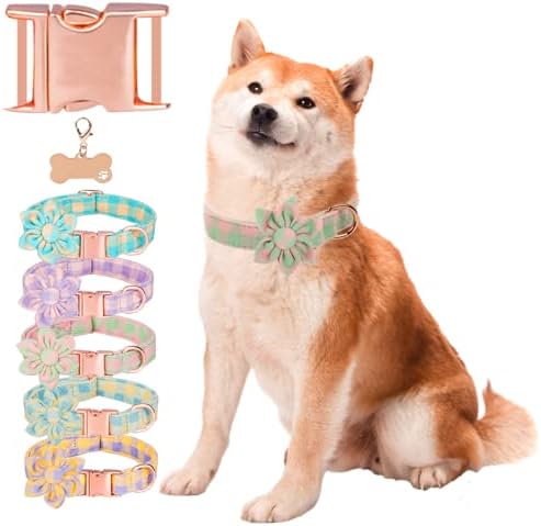 צווארון כלבי כותנה עם עניבת פרחים לכלבי ילדות, צווארון כלבים משובץ מתכוונן עם פרח, צווארון כלבים פרחוני חמוד