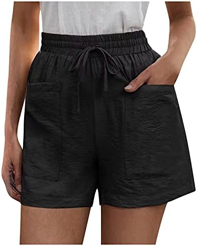 מכנסי פשתן כותנה של Bblulu לנשים מכנסיים קצרים מזדמנים רופפים חמים מותניים אלסטיים מותניים קיץ מכנסיים מוצקים