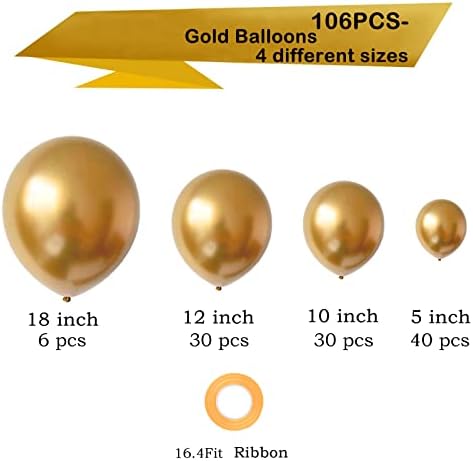 בלוני זהב -106 יחידים מתכתיים בלוני לטקס זהב מתכתית ערכת גרלנד קשת עם 18+12+10+5 אינץ 'בלוני כרום זהב