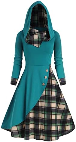 שמלת קפוצ'ון משובצת גותית של נשים כפתור שרוול ארוך כפתור שמלת פאנק סוודר שמלת רטרו סווטשירט סווטשירט מידי שמלות