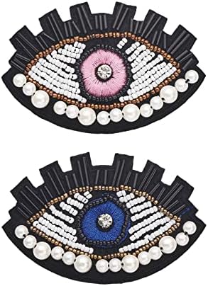 Chgcraft 4 pcs 2 צבעים טלאי חרוז עיניים עין כחולה עיניים ברזל רקום רקום על טלאים עיניים ורודות אקסליקט רקמה בגד