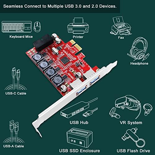 Lteriver PCIE ל- 1X 19PIN כותרת USB 3.0 ויציאות USB-A 2x, PCIE USB 3.0 5GBP