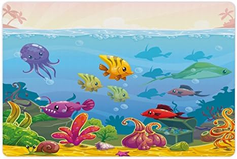 שטיח לחיות מחמד לאקווריום למזון ומים, נוף תת ימי בסגנון קריקטורה מצחיק עם בעלי חיים שונים וחזה אוצר, מחצלת גומי
