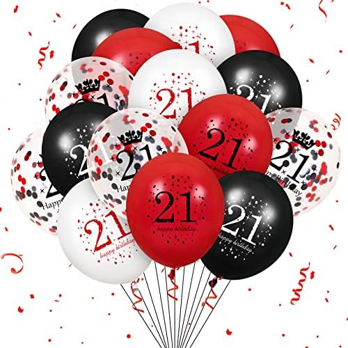 בלוני יום הולדת 21, 16 יחידות אדום שחור שמח בלוני יום הולדת 21, אדום שחור קישוטים למסיבת יום הולדת 21