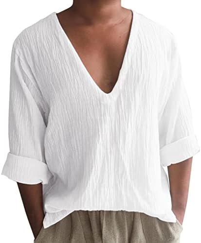 XXBR כותנה פשתן נגד חולצות צוואר לגברים, חולצת טריקו לחופשת שרוול ארוך של שרוול ארוך חולצה רופפת בכושר