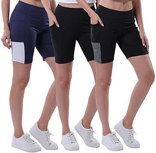 C ריסוק מכנסיים קצרים של אופנוענים נשים עם כיסים-3 חבילות אימון נשים קצרות מכנסיים קצרים-יוגה-רציפים