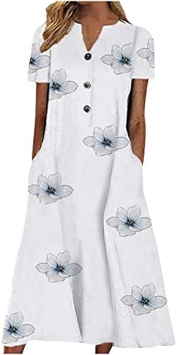 שמלת צוואר נ 'קיץ לנשים נשים 2023 כפתור שמלה ארוכה פרחונית שמלת חוף קפלים שמלות נופש שרוול קצר