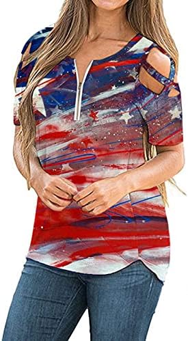 יום העצמאות ארהב חולצות פטריוטיות לנשים 4 ביולי רוכסן v v צוואר חולצת טריקו בקיץ כתף קרה