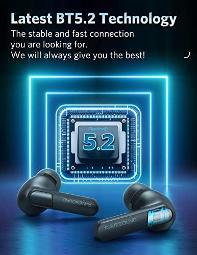 Ravesound True Bluetooth Bluetooth 5.2 - ביטול רעש ניצני אוזן מיקרופון, 100ms אוזניות חביון נמוכות עם זמן