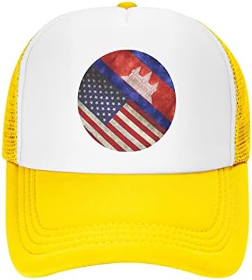 רטרו אמריקה וקמבודיה דגל כובע משאיות לגברים או נשים - מכסה Snapback בייסבול ברשת בחוץ