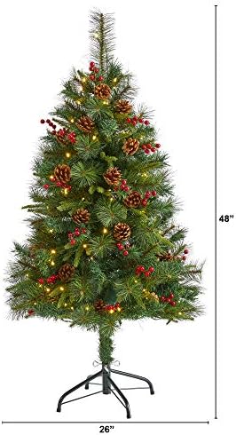 כמעט טבעי 4ft. עץ חג המולד מלאכותי של אורן מעורב עם 100 נורות LED ברורות, חרוטים אורנים וגרגרים, ירוק