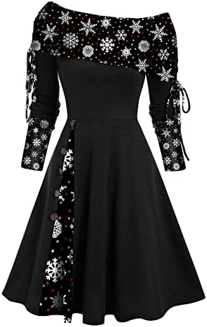 שמלת חג המולד לנשים בציר 1950 רטרו ארוך שרוול טלאים נדנדה שמלת חג המולד פתית שלג גרפי מסיבת שמלות