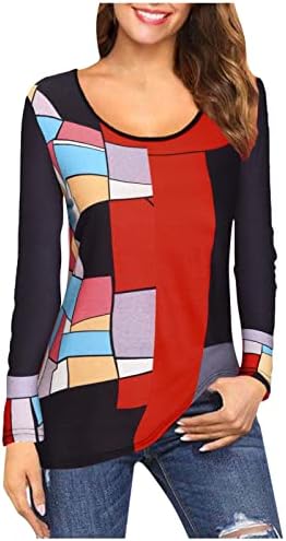 צבע בלוק טוניקה למעלה לנשים 2022 עגול צוואר ארוך שרוול סוודר חולצות עבור חותלות בסיסי רופף התלקחות