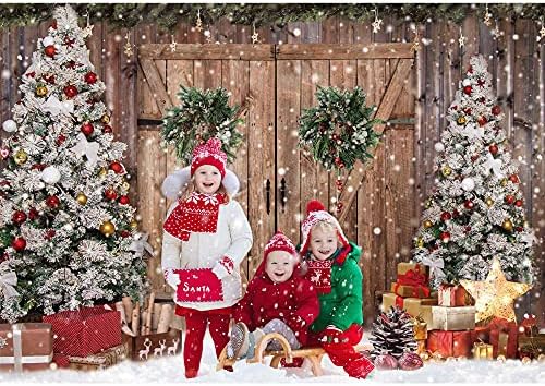 פלורט 10 על 8 רגל בד פוליאסטר חורף חג המולד כפרי אסם עץ דלת צילום רקע חג המולד עץ שלג מתנות