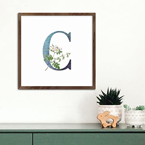 אות ראשונית C מונוגרמה ירוקה כחולה ממוסגרת שלט עץ מדף מדף עיצוב השראה ורדים לבנים השראה שלטי קפיץ פרחוניים