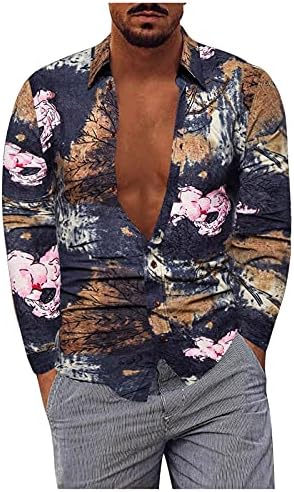 חולצות פשתן כותנה של XXBR לגברים בגודל פלוס גודל, כפתור שרוול ארוך במורד העלים הוואי חולצת וינטג