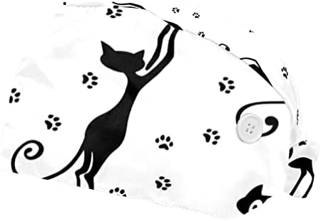 2 חבילות קריקטורה שחור חתול טביעת רגל עבודה כובע עם כפתורים וסרט זיעת מתכוונן עניבה חזרה נפוחה כובעים
