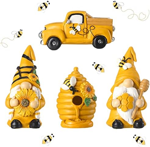 Karenhi 4 PCS Bee Gnomes Bee Decated Decation Decation חמנית Gnome Bee Bee Hive Decure Truck Truck