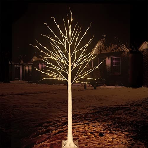 7ft חיצוני עץ ליבנה מואר לעיצוב חג המולד, 150 אורות לבנים חמים LED מדליקים עץ ליבנה מלאכותי, ענפי עץ