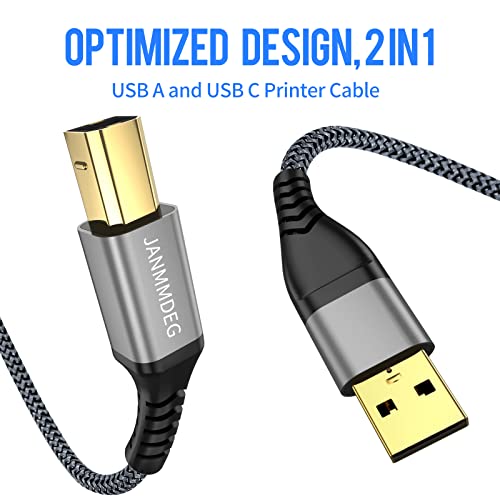 USB-B ל- USB-C/כבל מדפסת 20ft, JanMMEG USB C כבל MIDI כבל ניילון קלוע כבל מדפסת במהירות גבוהה עבור MacBook