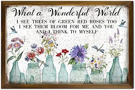 איזה עולם נפלא שלטי עץ ממוסגר שלט וינטג 'שפירית שפירית ורד פרח אגרטל אגרטל עץ תליה שלט חווה בית חווה קיר פרחוני