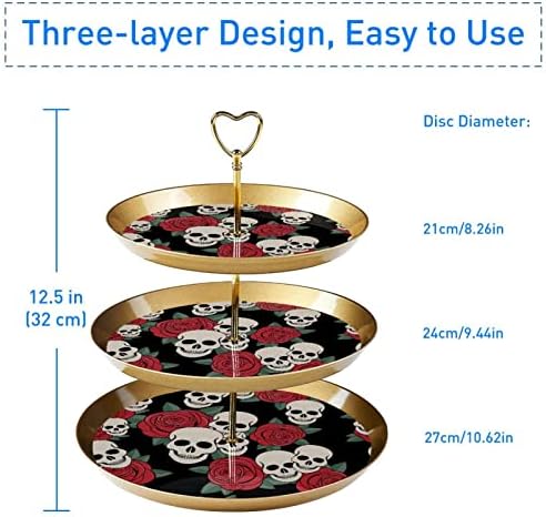 3 מגדל קאפקייקס עוגות עוגות עוגות, וורדים ראש גולגולת, מגש הגשה של 3 שכבות למגש קינוח עוגת מסיבות