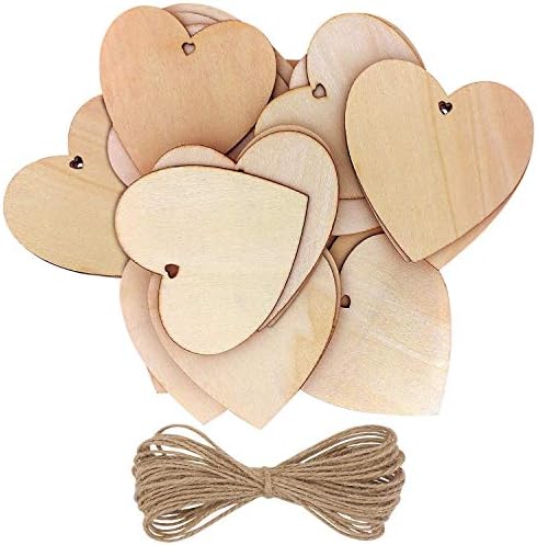 מארז 25 לבבות מעץ עם חוט טבעי-10 על 10 ס מ / 4 על 4 אינץ ' סט לב בצורת עץ לא גמור עם חורים-קישוטים לחתונות