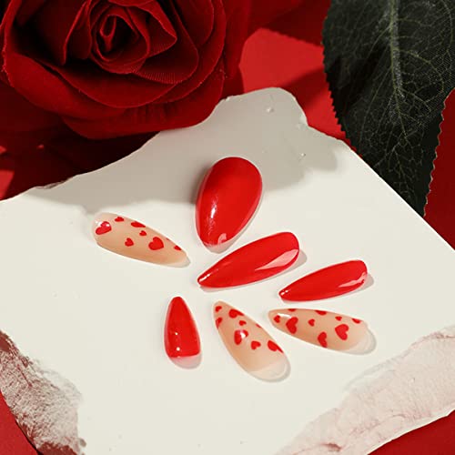 לחץ על ציפורניים האהבה יום בינוני אורך צרפתית טיפ מזויף ציפורניים עם עיצוב אדום לב דבק על ציפורניים כיכר