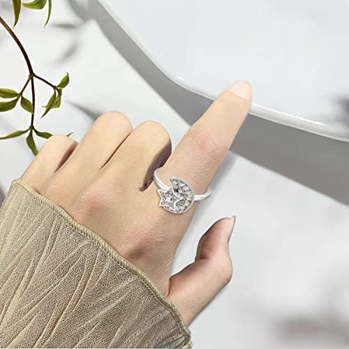 ויטו סטרלינג כסף טבעת חרדה לנשים, טבעת ערימת פס פתוחה מתכווננת עם חרוזי זירקוניה מעוקבים מסתובבים, מתנות תכשיטים