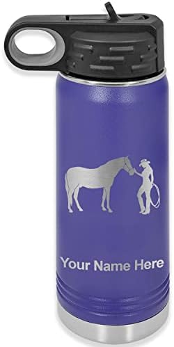 Lasergram 20oz קיר כפול הפוך בקבוק מים עליון עם קש, סוס ובוקרת, חריטה בהתאמה אישית כללה