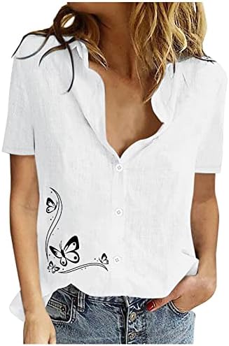 נשים חולצות חמודות נשים כותנה כותנה מזדמנת אישיות רופפת כפתור דש מודפס שרוול קצר שרוול ארוך לנשים