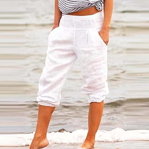 מכנסי קפרי פשתן כותנה של נשים, חוף רחב רגליים רופפות באורך ברך באורך ברך קפריס קיץ מכנסיים קצוצים