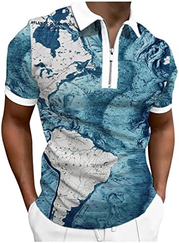 חולצות גולף פולו של Beuu Zipper לחולצות גולף לקיץ שרוול קצר מפת עולם הדפסת חולצה עליונה גרפית מזדמנת גרפית